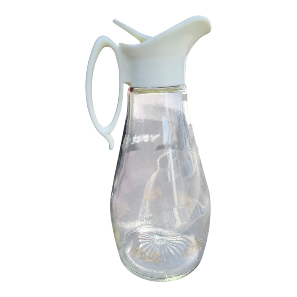 Log Cabin Syrup Pitcher Clear Glass Gold Eagle Federal Style White Plastic Lid